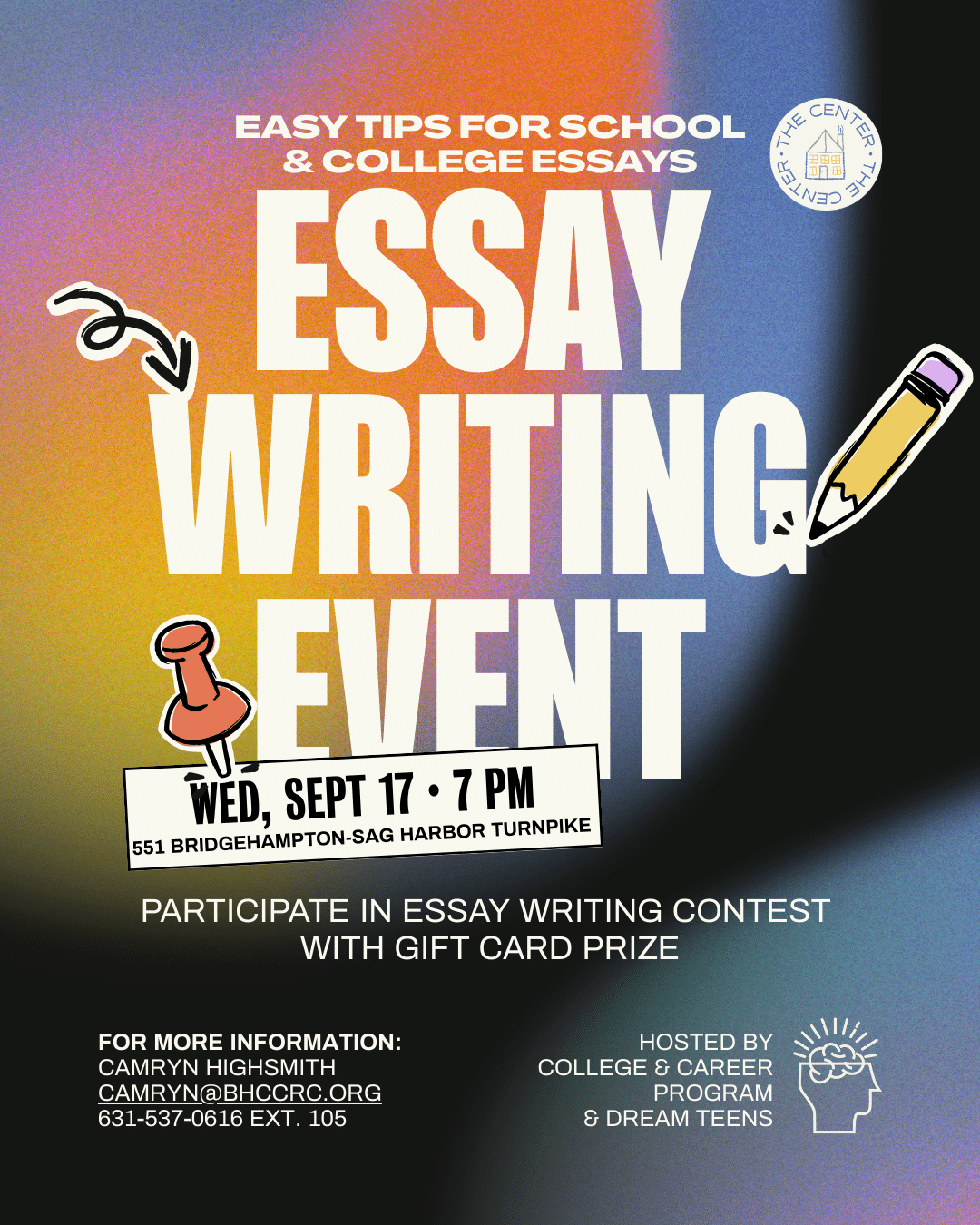 Essay Writing Event flyer with date, time, and contest details.